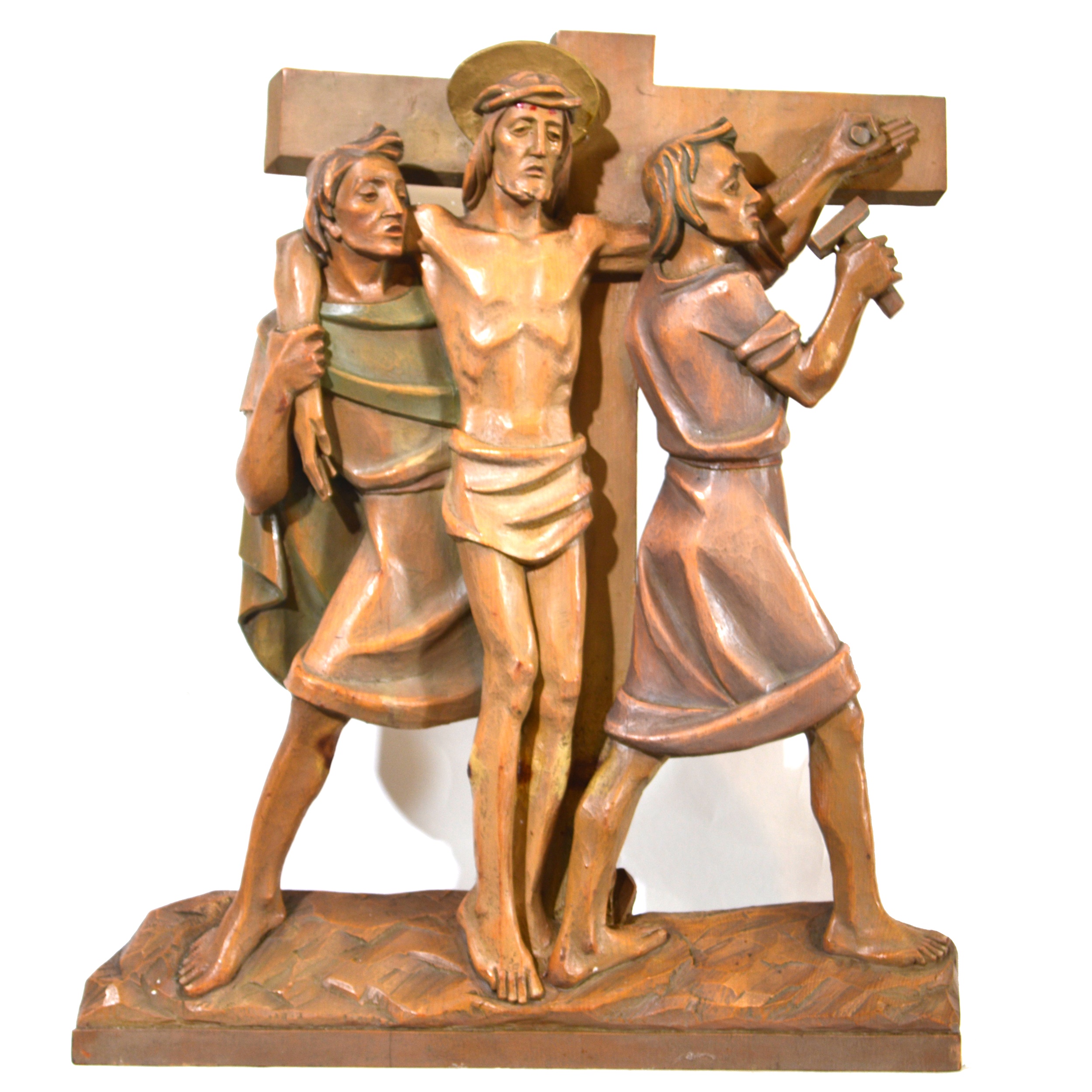 Set of fourteen carved and limed poplar Station of the Cross