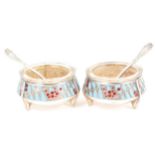 Pair of Russian white metal and enamelled salts and spoons