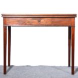 George III mahogany card table, rectangular fold-over top with a moulded edge, plain frieze,