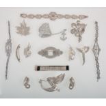 Fourteen items of 1930's and later white paste set jewellery, Boucher, Attwood & Sawyer, Bond Boyd,