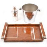 An Art deco twin-handled tray, a silver-plated cocktail shaker, and an Alfra Italy ice bucket.