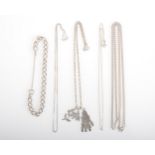 A silver bracelet, pendant and chain and three neckchains.