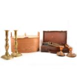 A collection of vintage items, to include opera glasses, dominoes, brass candlesticks etc.