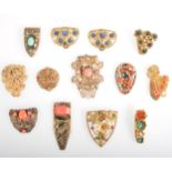 Twelve gilt metal Czechoslovakia style coloured paste dress clips.