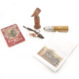 WW1 and WW2 interest; a collection of items ephemera including carved wood trench art pipe etc.