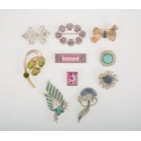 Ten white and coloured paste vintage cocktail brooches.