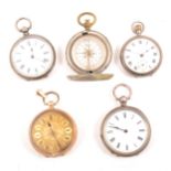 A yellow metal pocket watch, marked 14C, plus three white metal pocket watches and a pocket compass.
