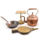 A quantity of brass and copper wares, to include a gunpowder flask, kettle, candlesticks, bellows
