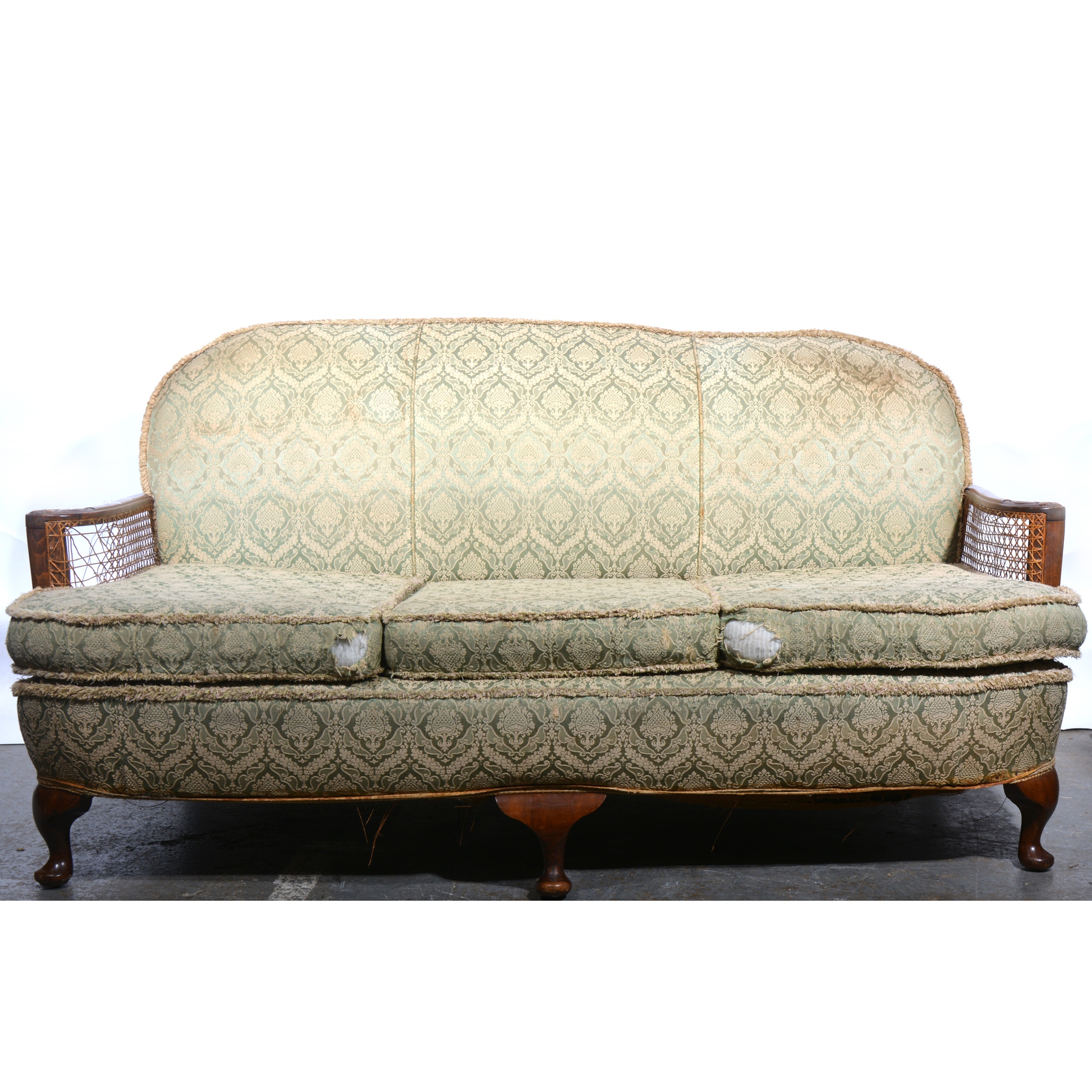 Walnut framed bergere three piece lounge suite