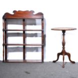 Walnut tripod table and set of mahogany wall shelves