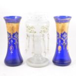 A pair of Bohemian blue glass and enamelled vases and a Victorian glass lustre