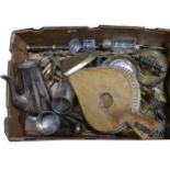 One box of metal ware; including two copper warming pans, silver-plated and brass tea pots etc