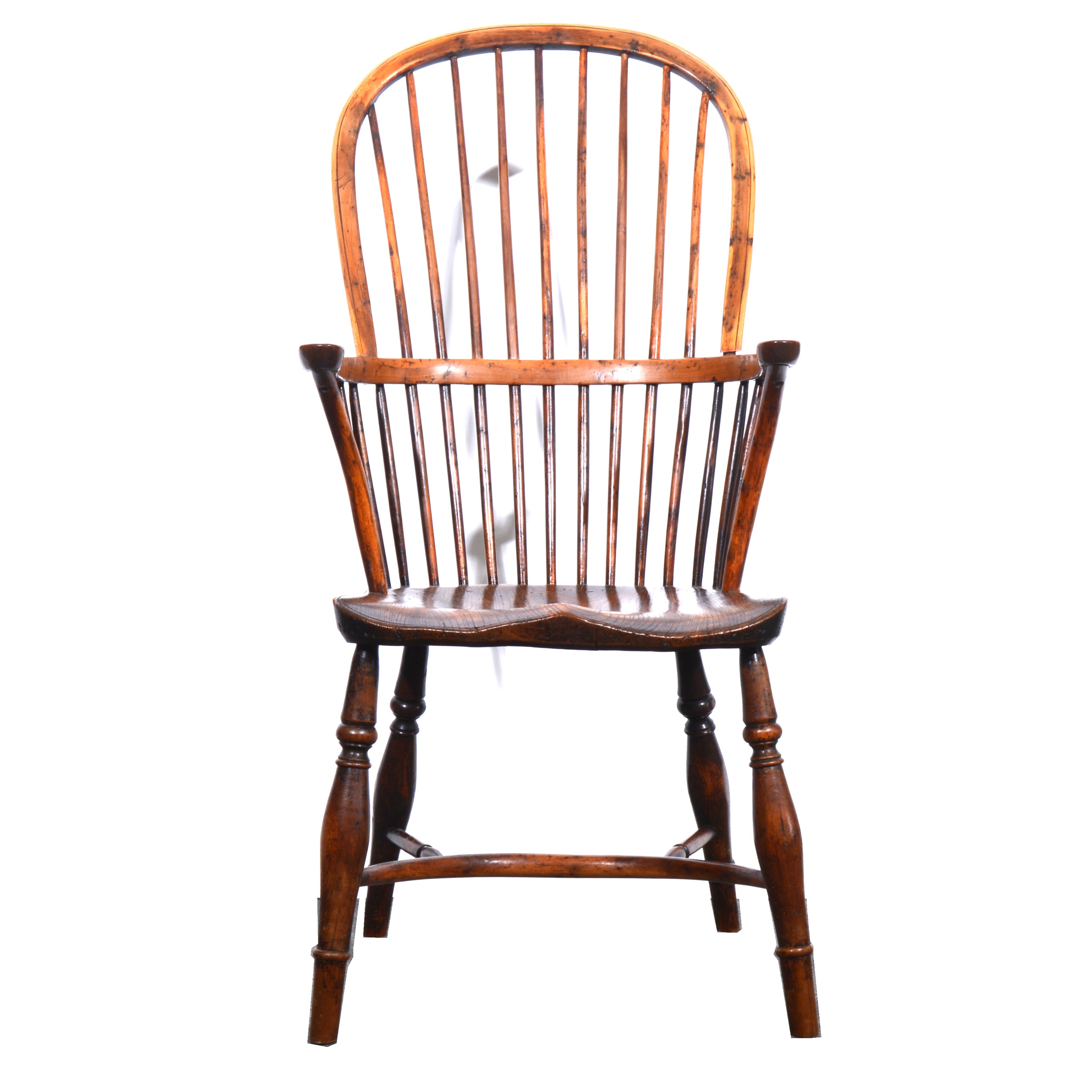 Victorian elm and yew Windsor chair, hoop-back with turned spindles, shaped boarded seat, turned