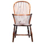 Victorian elm and yew Windsor chair, hoop-back with turned spindles, shaped boarded seat, turned