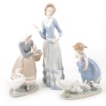 Three Lladro porcelain figures, including Hurry Now, Shepherdess with Ducks, and Aranjuez Little