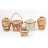 Three pairs of Japanese Satsuma vases, a pot pourri vase, biscuit barrel with cane handle, twin