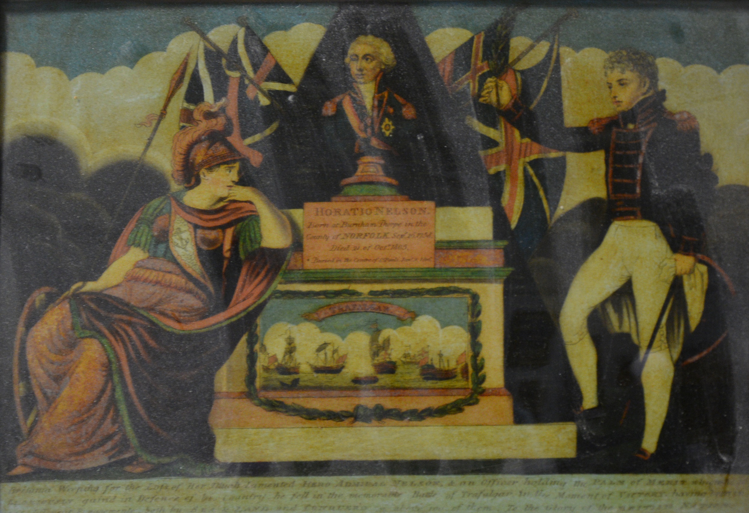 Early 19th Century reverse print on glass, Horatio Nelson, Trafalagar