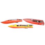 Three model speed boats; with three boat engine, including a Super Tiger etc, all aprox 98cm in