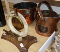 A copper jardiniere, a water jug and a gong