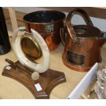 A copper jardiniere, a water jug and a gong