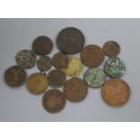 A Victoria 'bun' penny 1858, edge knocks otherwise EF, various tokens and copper and bronze coinage