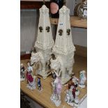 A pair of Wheldon cream decorated pottery models of elephants with obelisk howdahs height 61cm