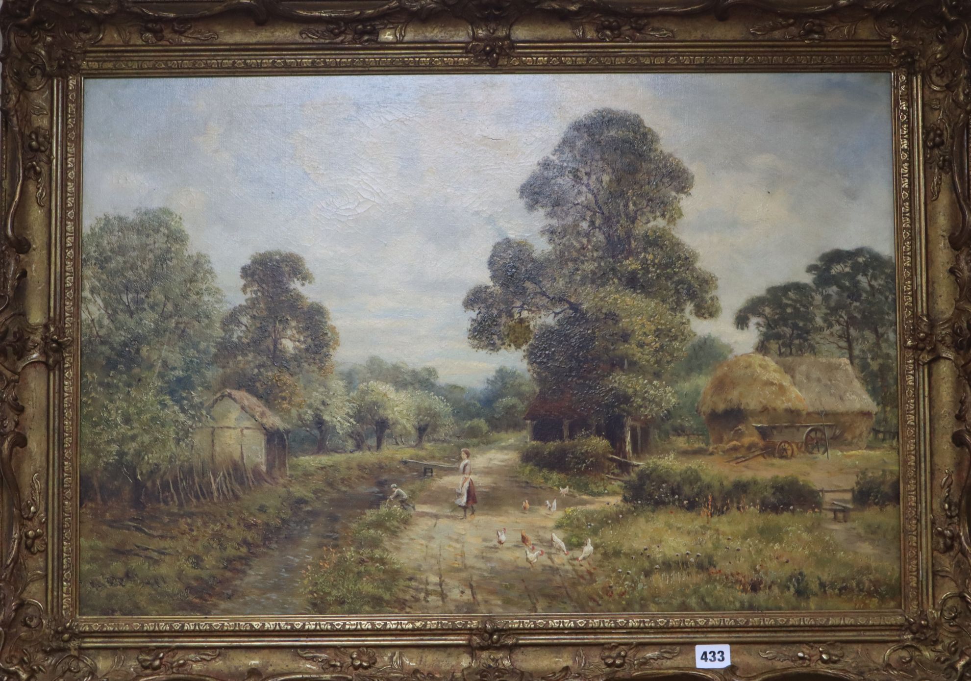 Late 19th century English School, oil on canvas, Mother and child in a farm landscape, 50 x 75cm