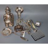 A group of mixed silver and plated items including a silver hip flask, silver spill vase and a