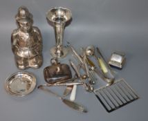 A group of mixed silver and plated items including a silver hip flask, silver spill vase and a