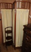 An Edwardian three fold dressing screen, H.170cm, and a folding cakestand