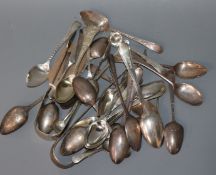 A small group of silver and plated small spoons and two pairs of sugar tongs including Victorian