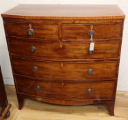 A Regency satinwood banded mahogany bow front chest of two short and three long drawers W.104cm