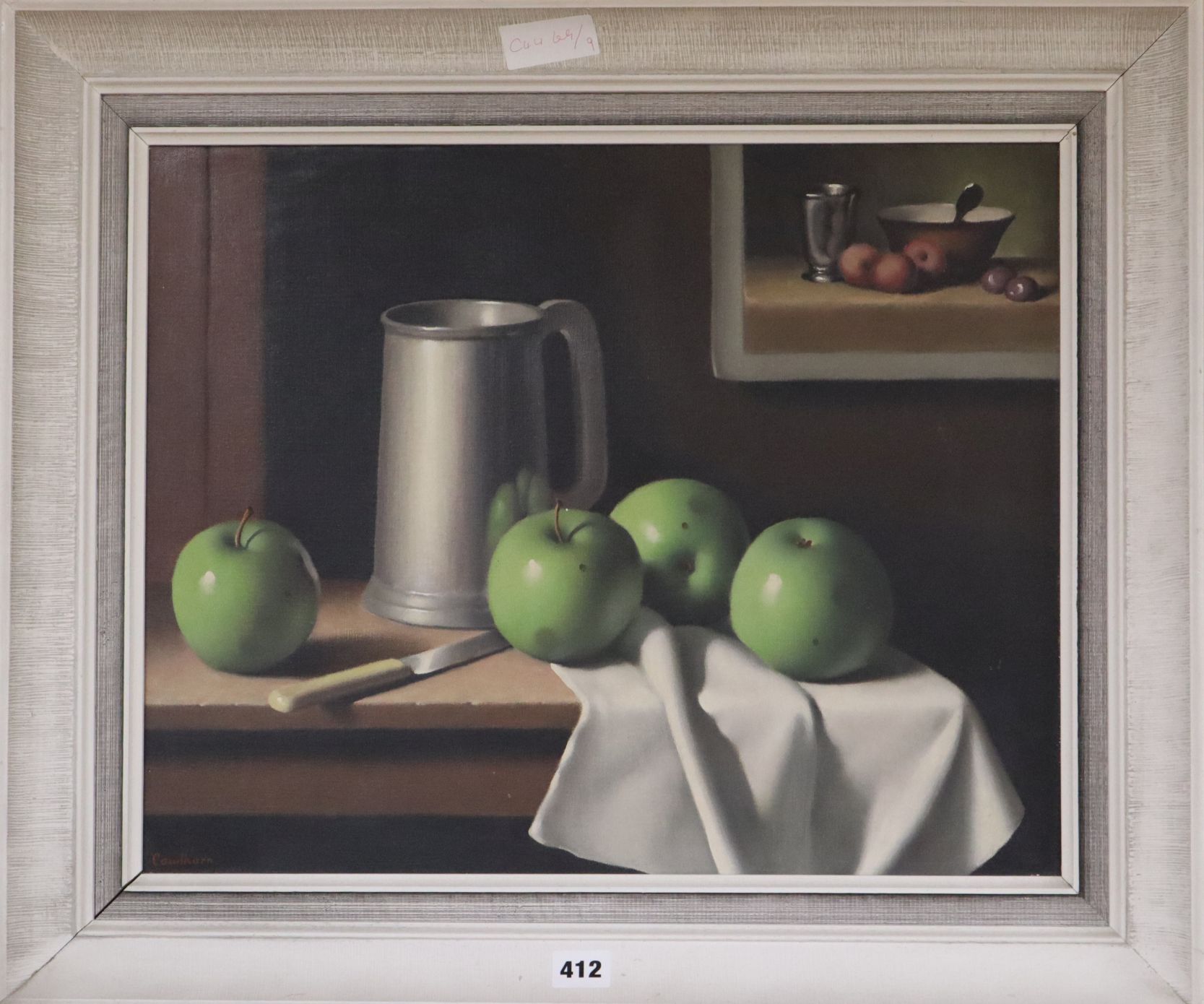 Neil Cawthorne, oil on canvas, Still life of apples and a pewter tankard, signed, 40 x 50cm