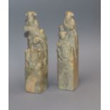 A pair of Chinese soapstone seals height 14cm
