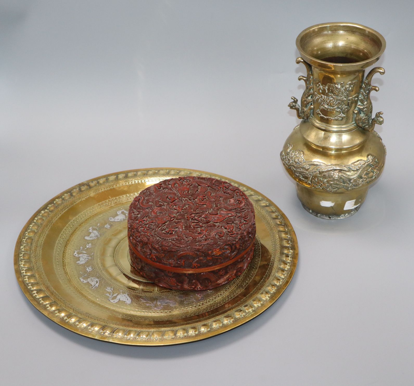 A Chinese bronze vase, a Persian dish and a 'Dragon' box dish diameter 36cm