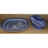 A Victorian blue and white tureen and two meat platters largest meat platter 43cm