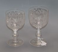 Two Victorian 'Union' wheel engraved glass 'coin' goblets tallest 20cm