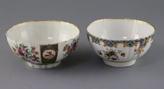 Two Worcester slops bowls, c.1780-90, the fluted bowl painted with alternating floral panels, square