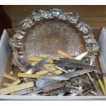 Nine assorted ivory handled knives and ten forks, a plated salver and other plated cutlery including