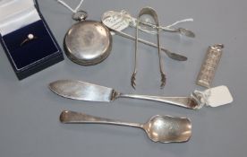 A group of small silver including a butter knife, ingot pendant, sugar tongs and a pocket watch