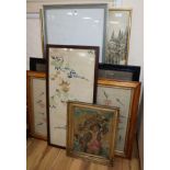 A Berlin needlework, seven other needleworks, a woolwork picture and a work panel W.92cm