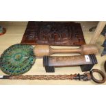 An African hardwood pillow, a walking stick and other ethnographic carvings etc