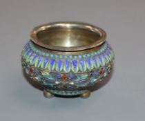 A late 19th century Russian 88 zolotnik and cloisonne enamel salt, assay master, B.C, 1887?,