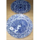 Two 18th century Delft dishes, de Byl factory and another largest diameter 35.5cm