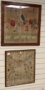 A Victorian sampler, 53 x 58cm and a needlework picture