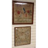 A Victorian sampler, 53 x 58cm and a needlework picture