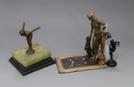 A Bergmann style cold painted bronze group, an Art Deco bronze figure bathing belle and two bronze