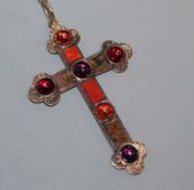 An antique engraved yellow metal, jasper, agate and foil backed cabochon set cross pendant, 72mm.