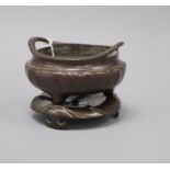 A Chinese bronze tripod censer and stand overall height 9.5cm