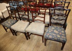 A harlequin set of ten George III mahogany ladderback dining chairs, with upholstered seats and